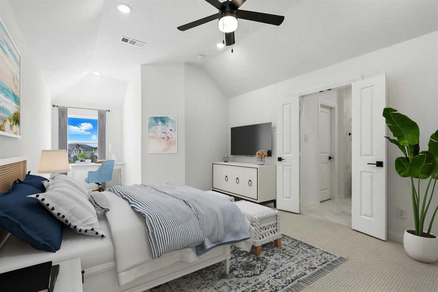 Bedroom with recessed lighting, carpet floors, vaulted ceiling, and ceiling fan Bedroom with recessed lighting, carpet floors, vaulted ceiling, and ceiling fan