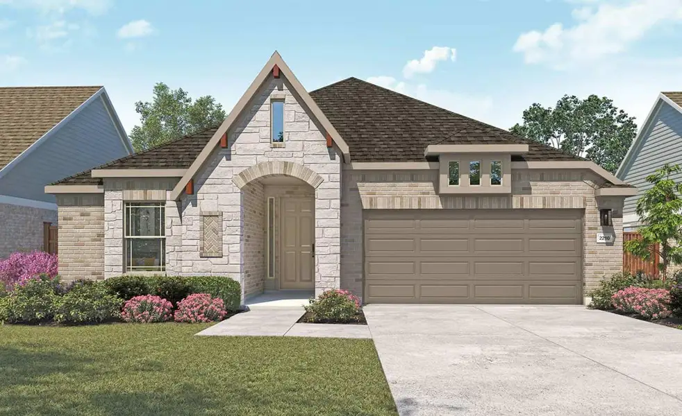 Front exterior of a new home in Beamer Villas, Friendswood, TX, highlighting curb appeal (Image 1).