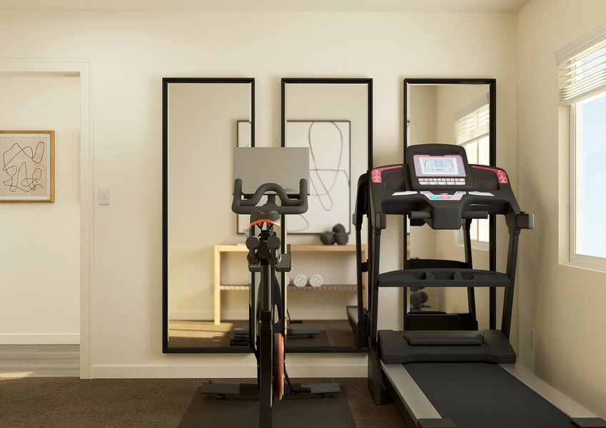 Rendering of a bedroom furnished as a gym  with gym equipment.