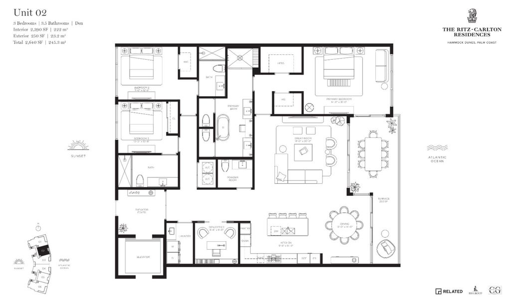2D floor plan layout for the Unit 02 by BH Group in The Ritz-Carlton Residences, West Palm Beach, FL (Image 1).