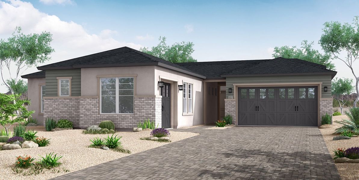 Front exterior of a new home in Summit at The Dells, Prescott, AZ, highlighting curb appeal (Image 1). Front exterior of a new home in Summit at The Dells, Prescott, AZ, highlighting curb appeal (Image 1).