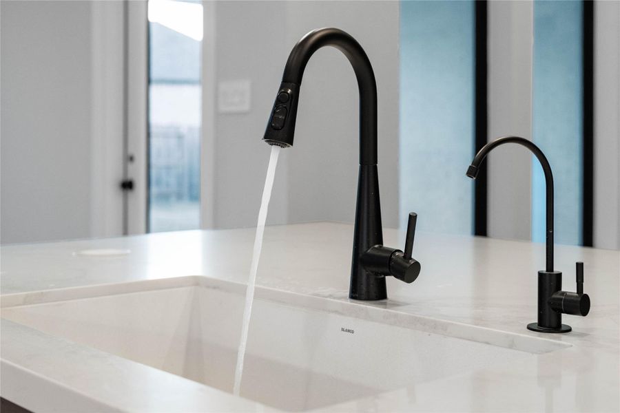 Moen Sleek Black kitchen faucet offers versatility and contemporary design, complemented by a convenient separate filtered water dispenser faucet.