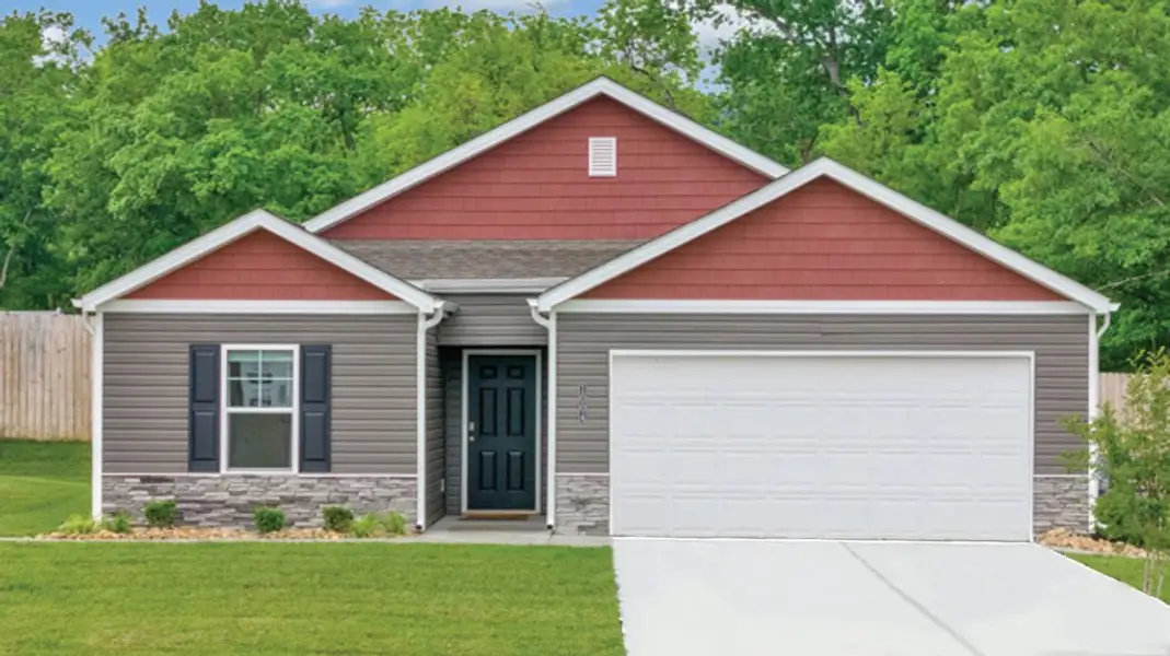 Front exterior of a new home in The Hideaway at Fox Meadows, Bluff City, TN, highlighting curb appeal (Image 2). Front exterior of a new home in The Hideaway at Fox Meadows, Bluff City, TN, highlighting curb appeal (Image 2).