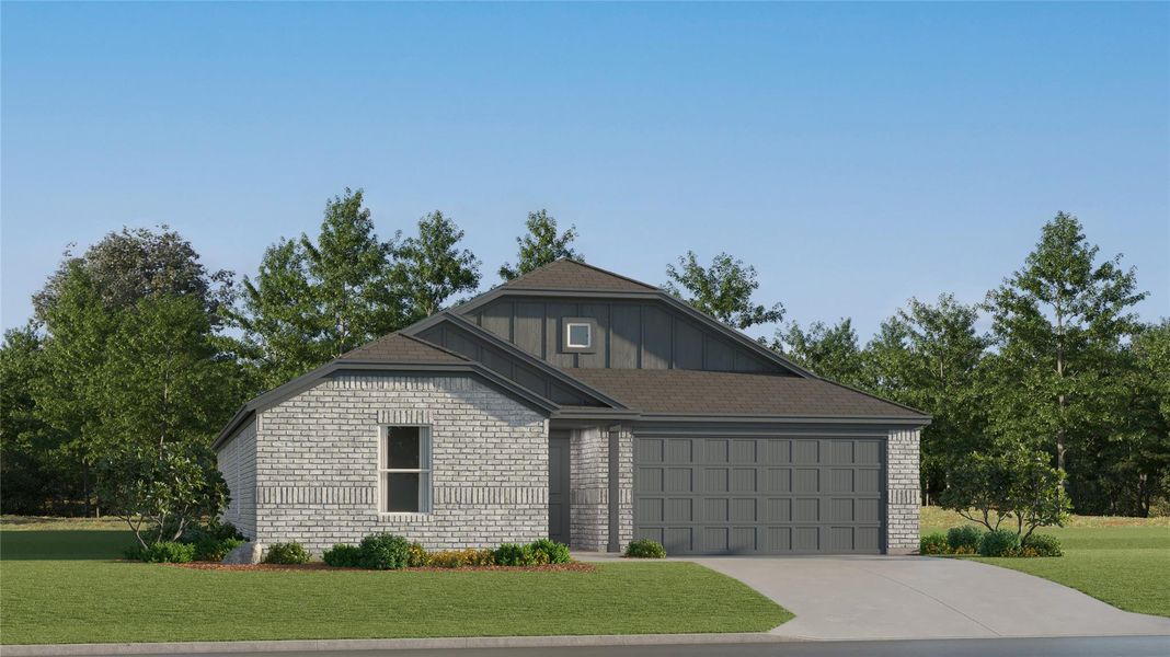 Front exterior of a new home in Bertram Oaks: Majors Collection, Bertram, TX, highlighting curb appeal (Image 23). Front exterior of a new home in Bertram Oaks: Majors Collection, Bertram, TX, highlighting curb appeal (Image 23).