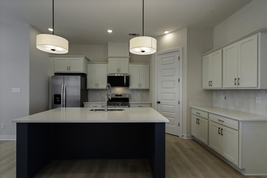 Kitchen with a central island, light-toned cabinetry, stainless steel appliances, and wood-finish flooring
