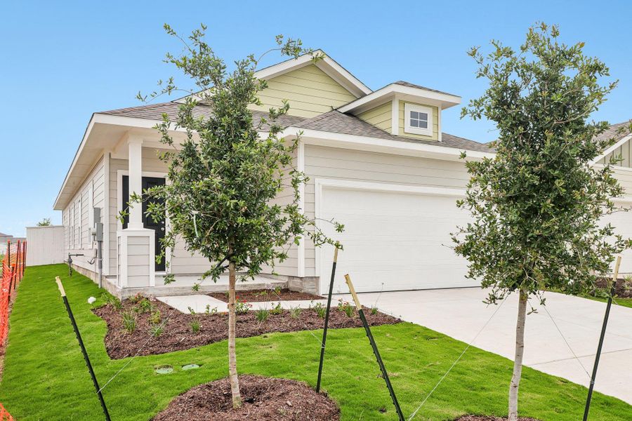 Front exterior of a new home in Harvest Ridge, Elgin, TX, highlighting curb appeal (Image 19).