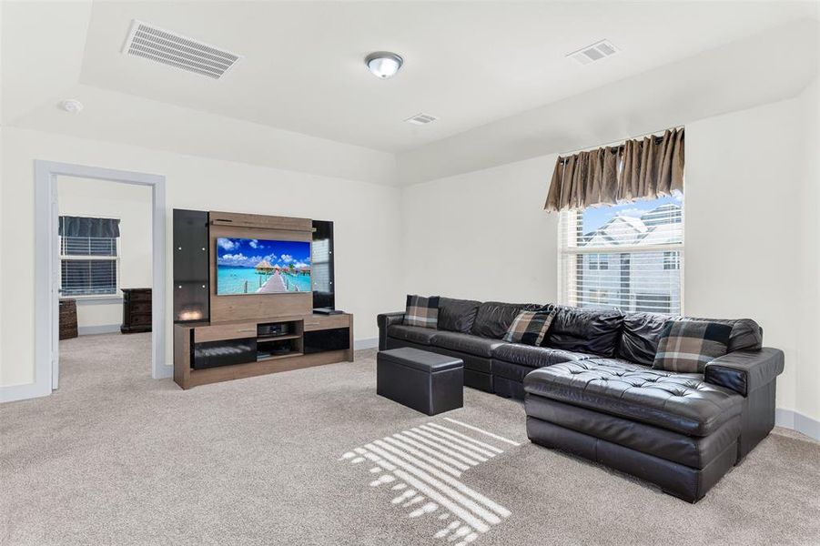 Carpeted living area with baseboards Carpeted living area with baseboards