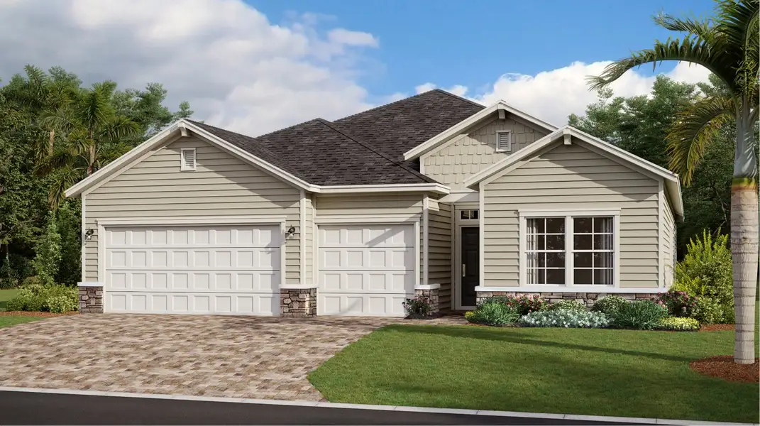 Front exterior of a new home in Silver Falls Single Family at SilverLeaf: Silver Falls 60s at SilverLeaf, St. Augustine, FL, highlighting curb appeal (Image 1).