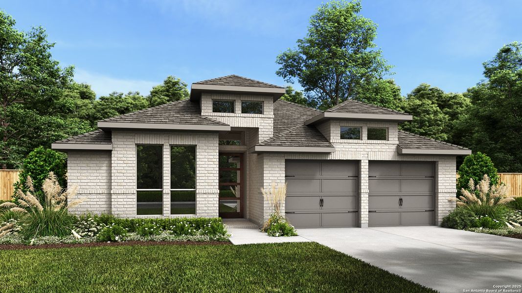 Front exterior of a new home in Vida 50', San Antonio, TX, highlighting curb appeal (Image 1).