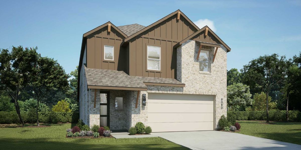 Representative exterior photo of a completed home built from the Solari Plan by Highland Homes in Heartland, Heartland, TX (Image 20).