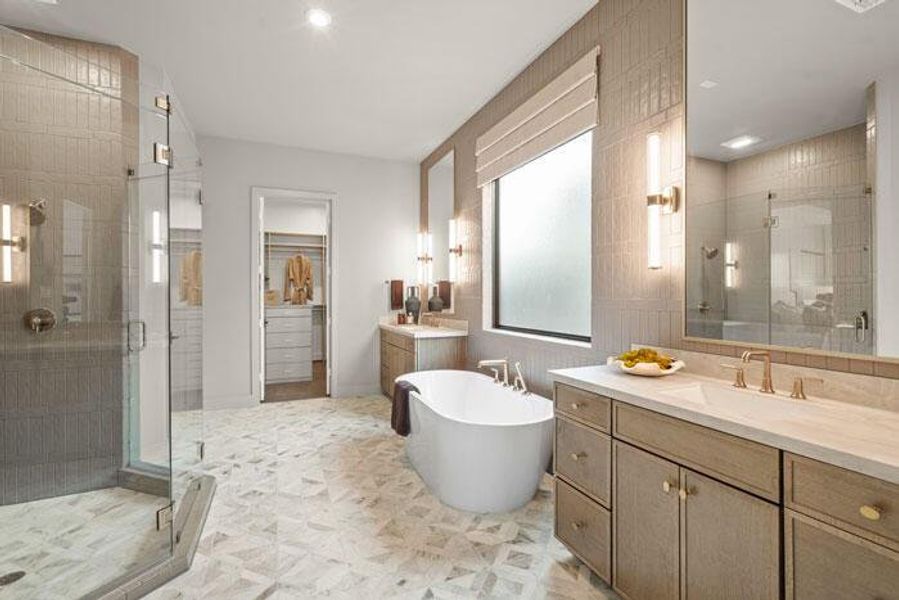 The masterful main bathroom includes an oversized shower. Representative image.