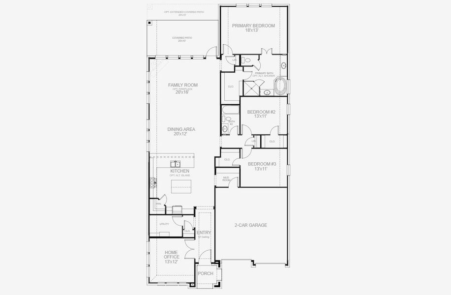 2D floor plan layout for the 2206H by Perry Homes in Juniper Springs 50', Lockhart, TX (Image 3).