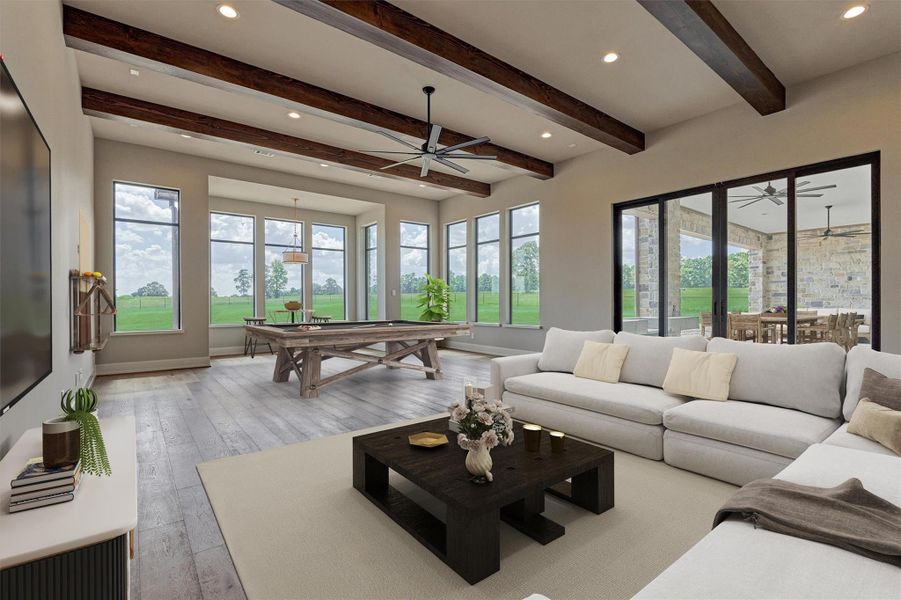 Expansive game room with walls of windows. Expansive game room with walls of windows.