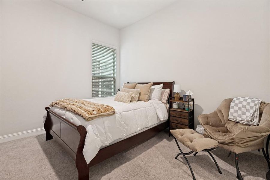 Carpeted room with a window featuring horizontal blinds