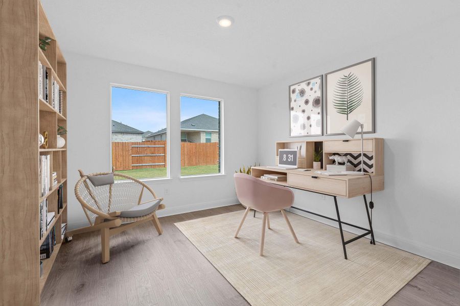 Home office with wood finished floors and recessed lighting Home office with wood finished floors and recessed lighting