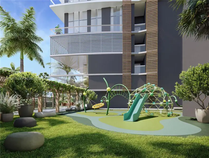 Outdoor recreational area featuring a structured play system with a slide, climbing dome, and rope swing, set within a landscaped space defined by a wooden pergola, lush greenery, and large stone accents Outdoor recreational area featuring a structured play system with a slide, climbing dome, and rope swing, set within a landscaped space defined by a wooden pergola, lush greenery, and large stone accents
