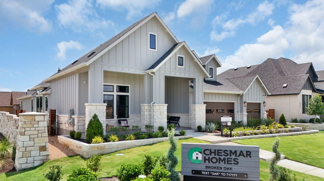 Front exterior of a new home in Broken Oak, Georgetown, TX, highlighting curb appeal (Image 26). Front exterior of a new home in Broken Oak, Georgetown, TX, highlighting curb appeal (Image 26).