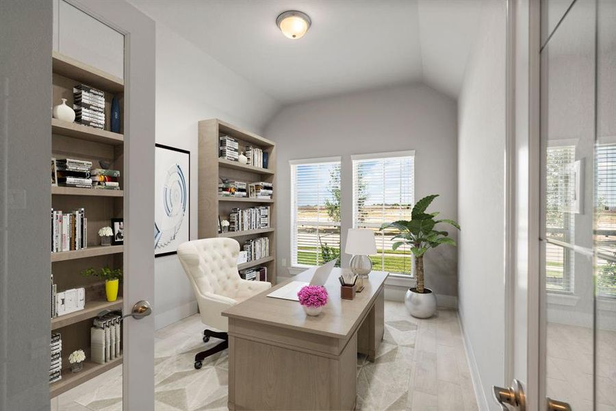 At the forefront, a refined home office beckons productivity and focus. Luxurious details like elegant tile, custom paint, expansive windows with privacy blinds, and French doors create an inspiring workspace. Sample photo of completed home with similar floor plan. Actual colors and selections may vary.