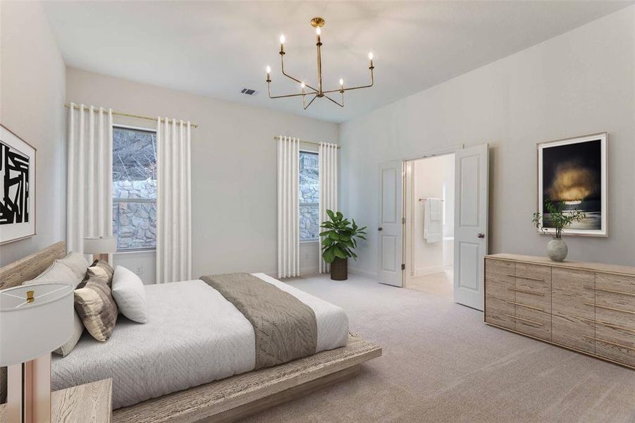 Bedroom with a chandelier, light carpet, and ensuite bathroom Bedroom with a chandelier, light carpet, and ensuite bathroom