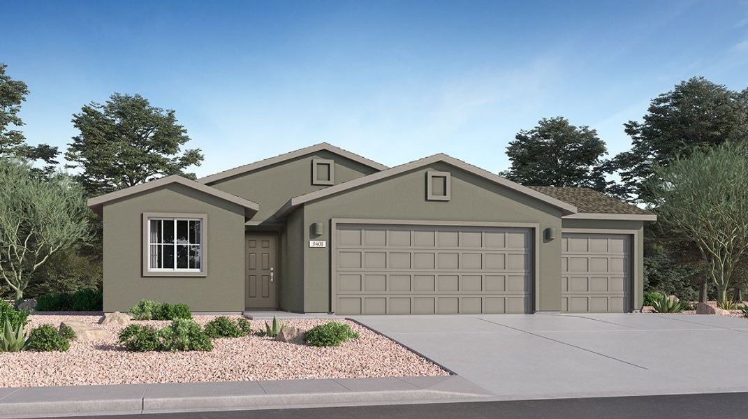 Front exterior of a new home in Sycamore Canyon: Dream Series, Vail, AZ, highlighting curb appeal (Image 1). Front exterior of a new home in Sycamore Canyon: Dream Series, Vail, AZ, highlighting curb appeal (Image 1).