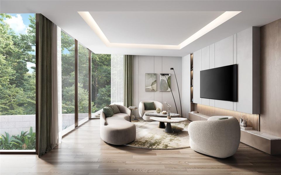 Rendering of second level lounge showcasing a blend of elegance, modern, comfortable and functional design