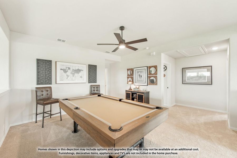 Game room with pool table, ceiling fan, and carpet flooring in an open layout