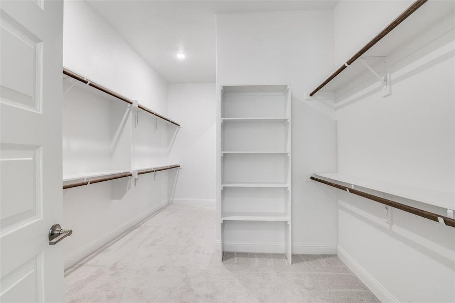 Spacious closet with light carpet