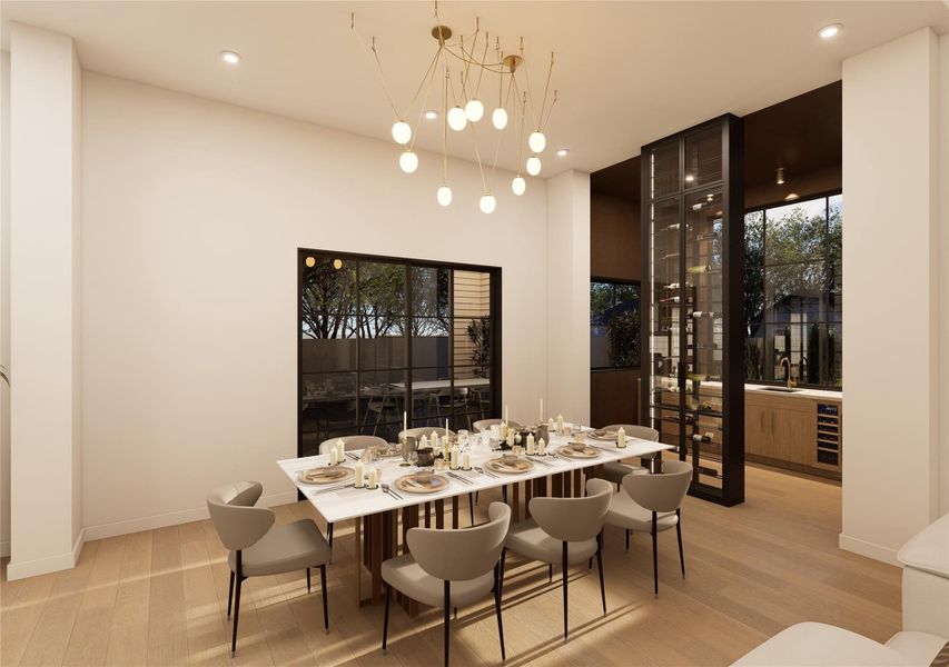 Bathed in soft natural light, this thoughtfully composed dining room blends understated luxury with everyday functionality. From intimate weekday meals to festive celebrations, the curated lighting, tailored furnishings, and built-in wine display create a backdrop worthy of every occasion. Bathed in soft natural light, this thoughtfully composed dining room blends understated luxury with everyday functionality. From intimate weekday meals to festive celebrations, the curated lighting, tailored furnishings, and built-in wine display create a backdrop worthy of every occasion.