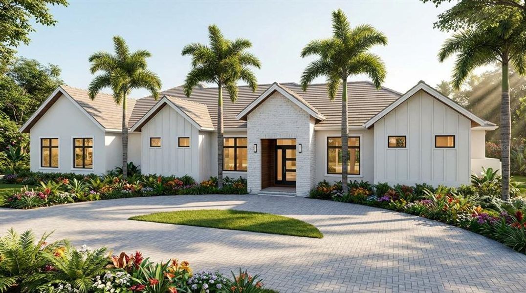 Front exterior of a new home in , Sarasota, FL, highlighting curb appeal (Image 1). Front exterior of a new home in , Sarasota, FL, highlighting curb appeal (Image 1).
