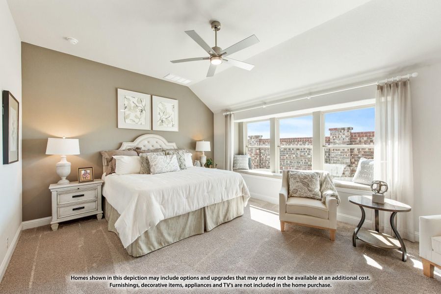 Bedroom with vaulted ceiling, ceiling fan, large windows, and neutral carpet flooring Bedroom with vaulted ceiling, ceiling fan, large windows, and neutral carpet flooring