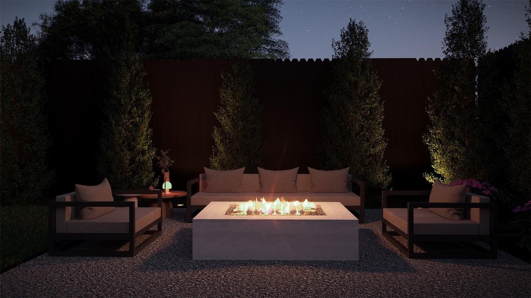 Patio at night with a patio area and an outdoor fire pit
