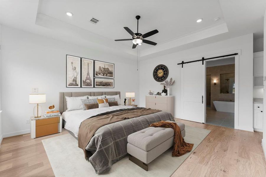 Virtually Staged.This primary bedroom offers a perfect blend of style and comfort, with plenty of space for a luxurious bed and additional furnishings, making it a true retreat from the hustle and bustle of daily life.