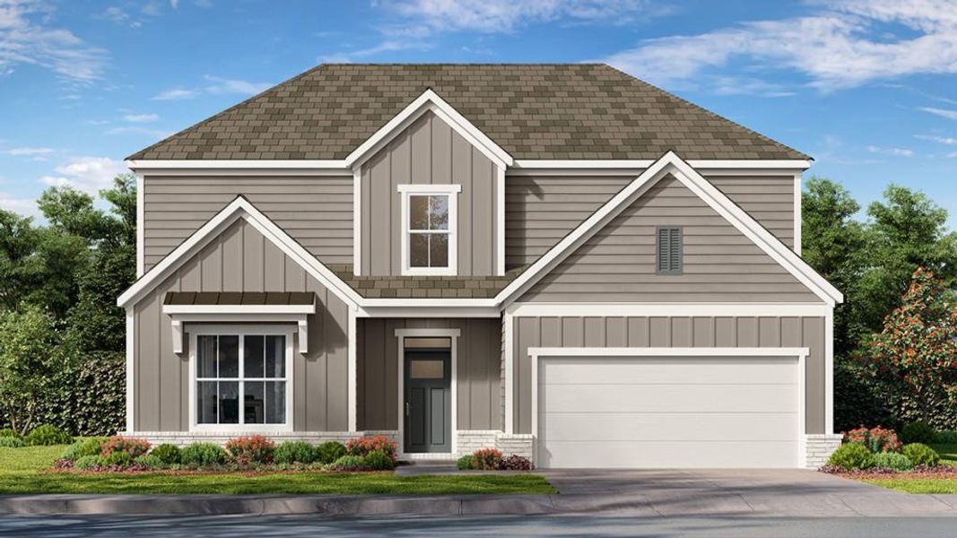 Front exterior of a new home in Hamptons at Riverwood East, Dallas, GA, highlighting curb appeal (Image 1).