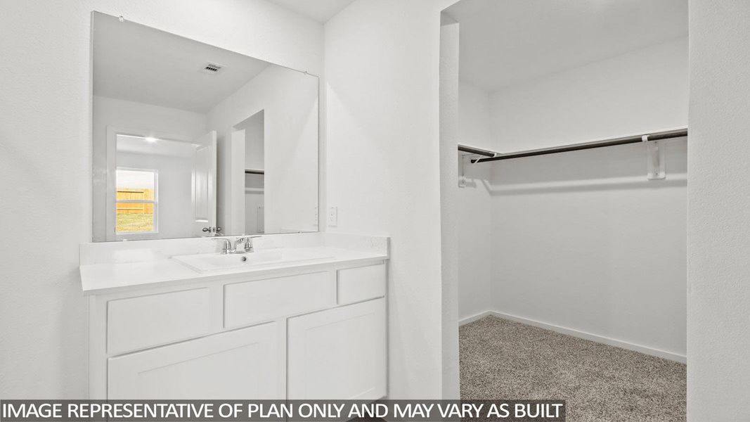 Bathroom featuring a walk in closet, light colored carpet, and vanity Bathroom featuring a walk in closet, light colored carpet, and vanity