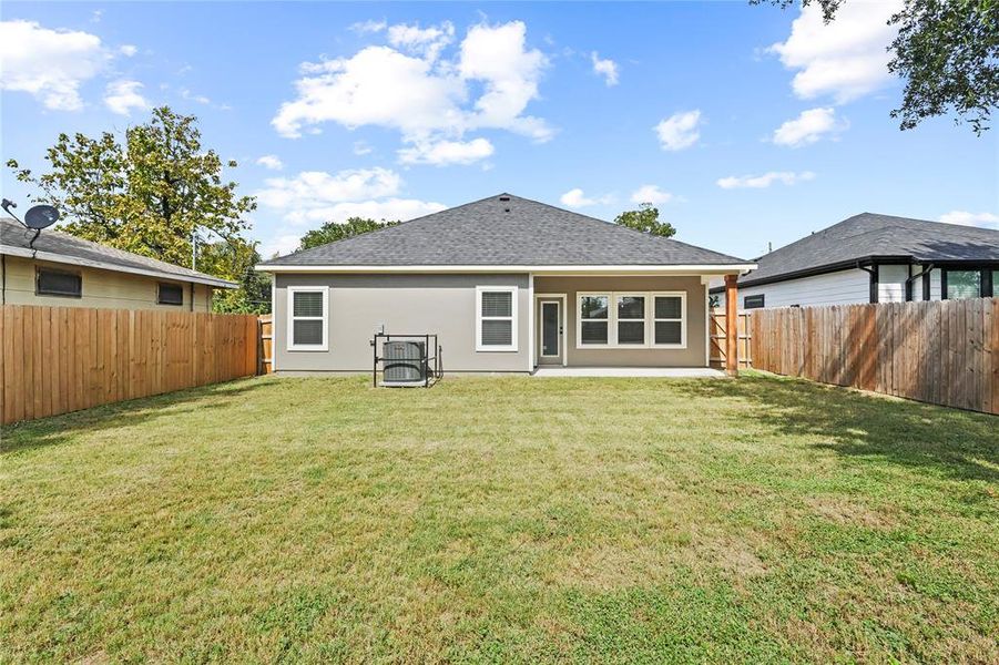 Back of house featuring a patio area, stucco siding, a fenced backyard, and roof with shingles Back of house featuring a patio area, stucco siding, a fenced backyard, and roof with shingles