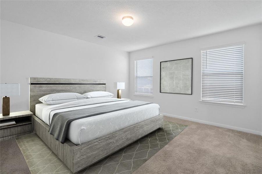 Come and unwind after a long day in this magnificent primary suite! This spacious room features plush carpet, warm paint, lighting, high ceilings and large windows with privacy blinds.