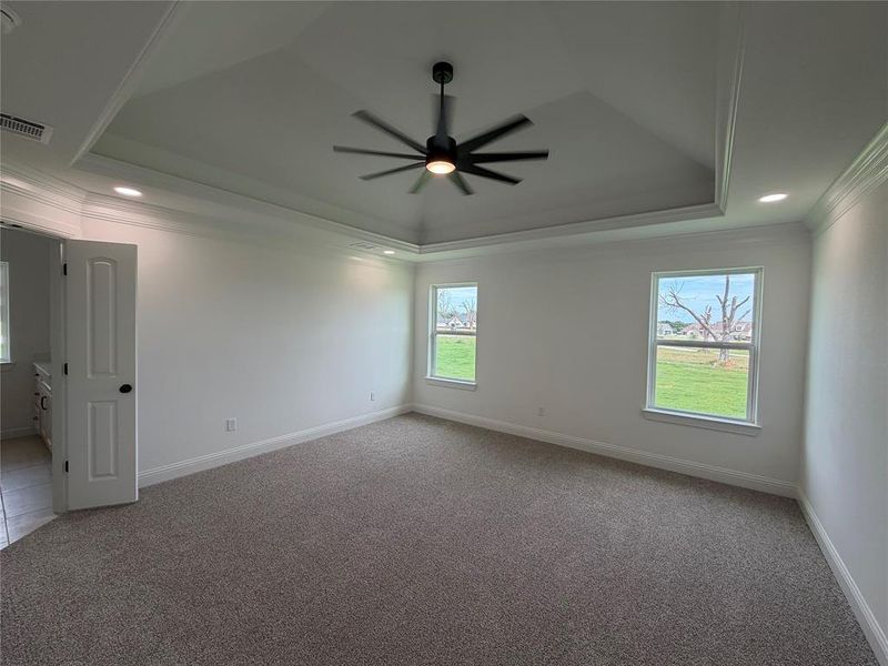 Spacious interior room featuring a tray ceiling with a modern ceiling fan, recessed lighting, crown molding, and two windows