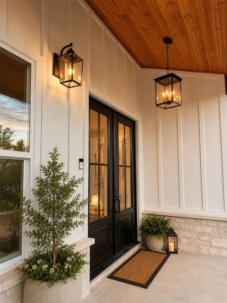 Double glass entry doors open beneath a warm wood ceiling and classic vertical siding.Virtual Staging. Double glass entry doors open beneath a warm wood ceiling and classic vertical siding.Virtual Staging.