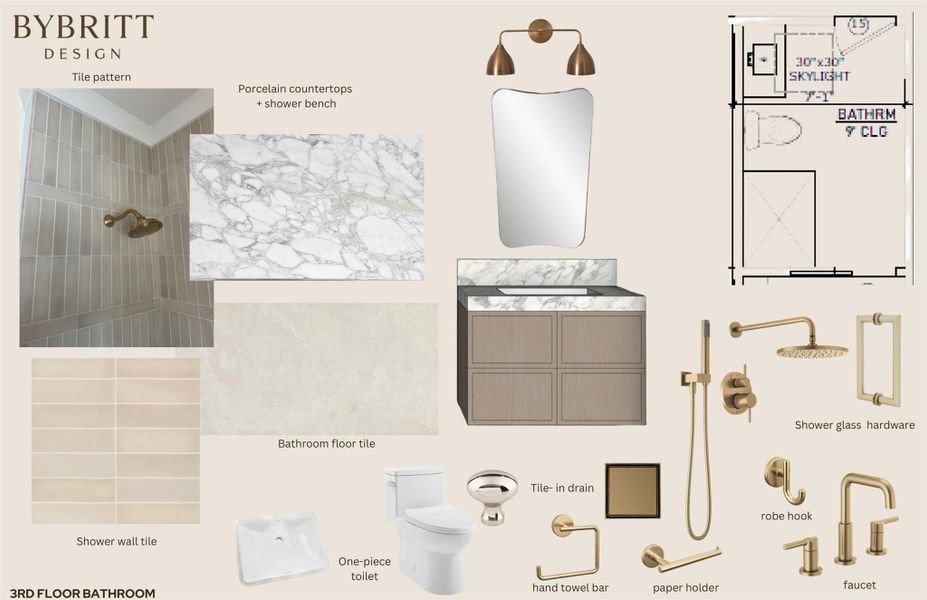 Bathroom Design Plan. Presenting material and fixture selections for the property's bathroom