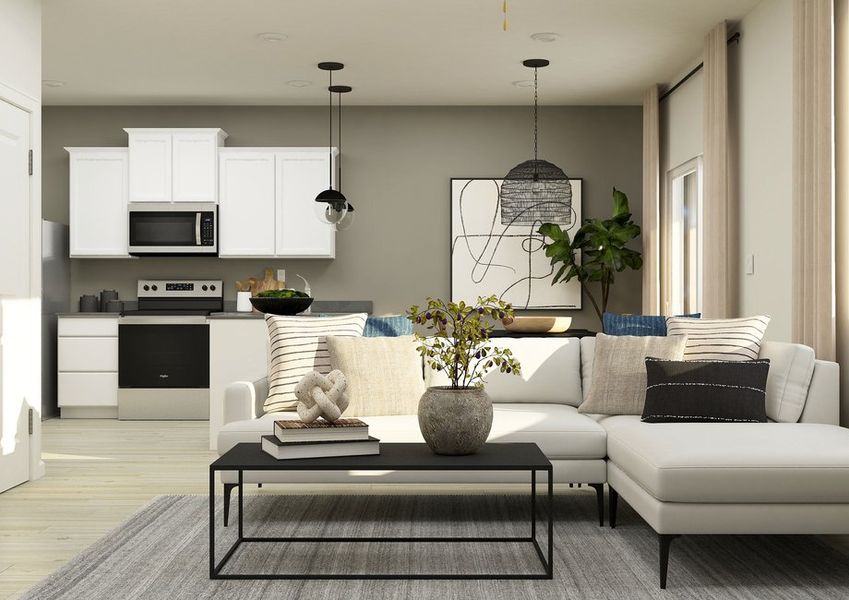 Rendering of a living room with a white sectional and a coffee table. The kitchen can be seen from behind the couch. Rendering of a living room with a white sectional and a coffee table. The kitchen can be seen from behind the couch.