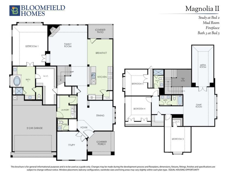 Bloomfield Homes Magnolia II two-story floor plan with 5 bedrooms, game room, media room, and 2-car garage. Bloomfield Homes Magnolia II two-story floor plan with 5 bedrooms, game room, media room, and 2-car garage.