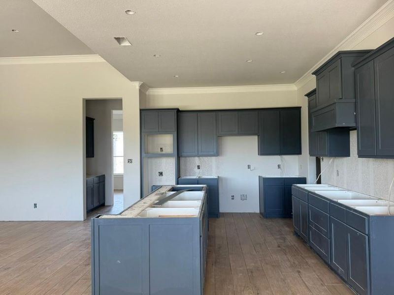 Kitchen featuring decorative backsplash, a kitchen island, ornamental molding, hardwood / wood-style floors, and gray cabinets