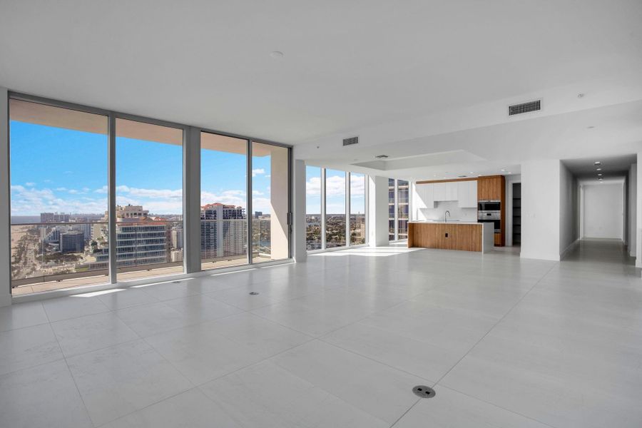 Kitchen, dining, and living area