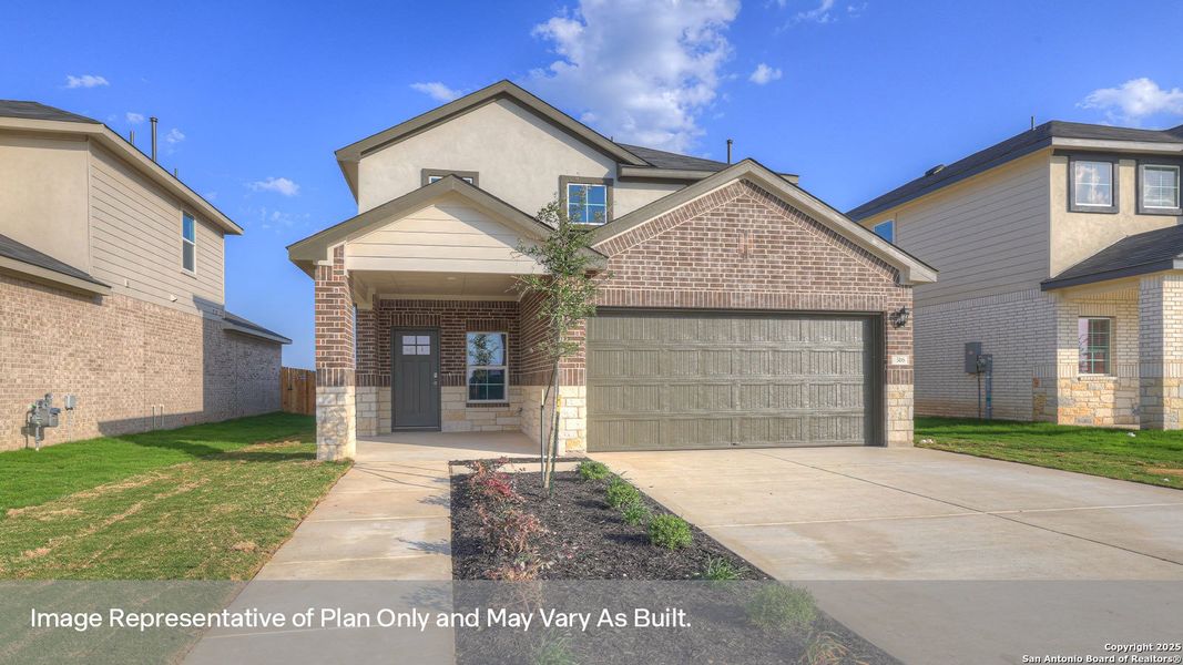 Front exterior of a new home in Whisper South, San Marcos, TX, highlighting curb appeal (Image 1).