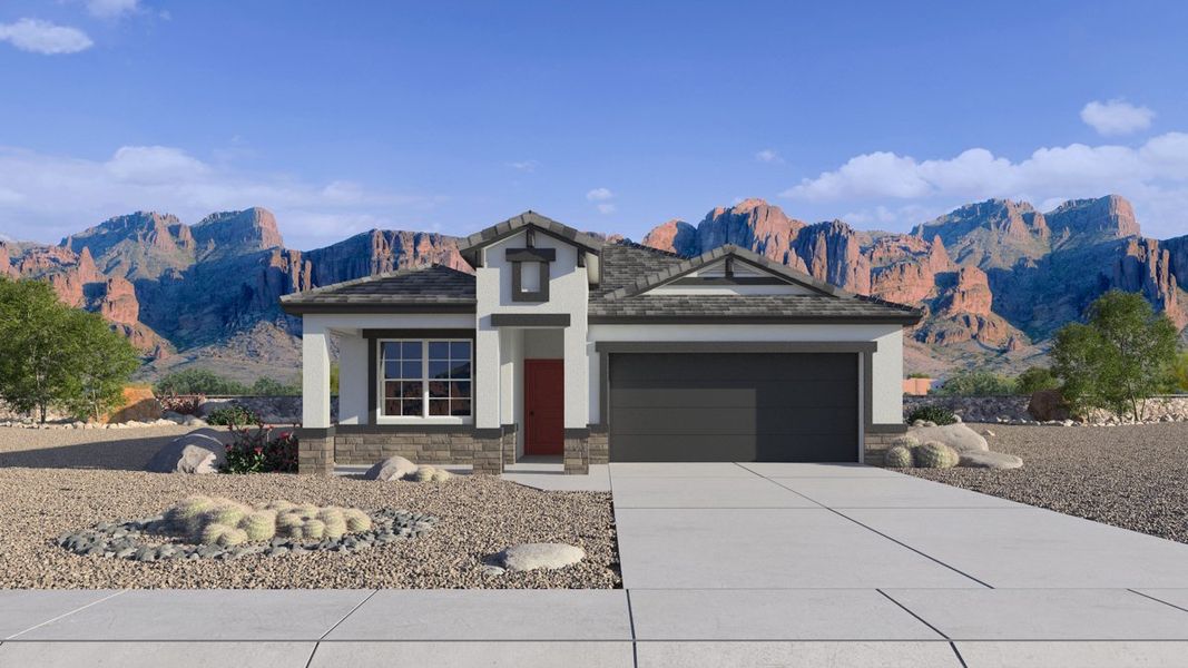 Front exterior of a new home in Copper Falls, Buckeye, AZ, highlighting curb appeal (Image 1). Front exterior of a new home in Copper Falls, Buckeye, AZ, highlighting curb appeal (Image 1).