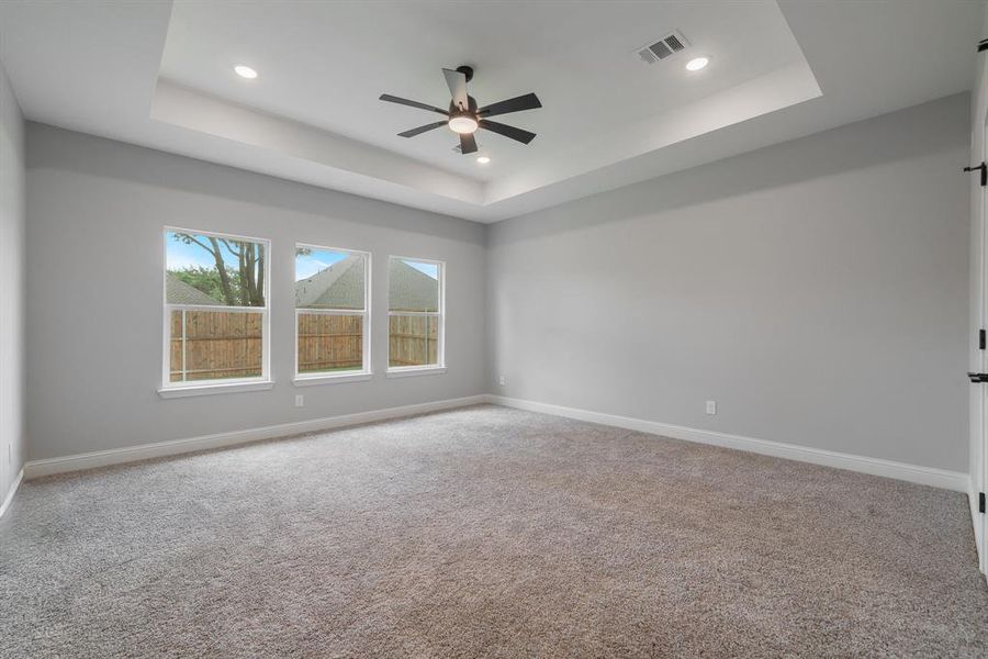 Unfurnished room with carpet, ceiling fan, and a tray ceiling