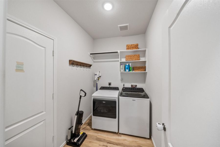 Laundry is indoor and has room for storing supplies.