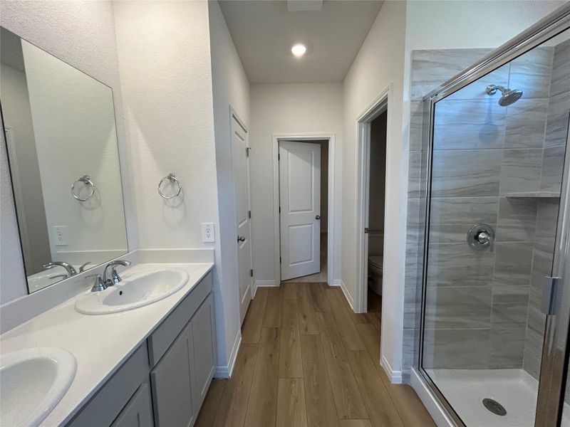 Full bathroom featuring a stall shower, light wood-type flooring, and double vanity Full bathroom featuring a stall shower, light wood-type flooring, and double vanity