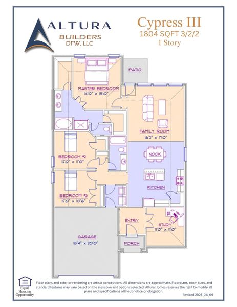2D floor plan layout for the Cypress III by Altura Homes in Mallard Point, Greenville, TX (Image 3).