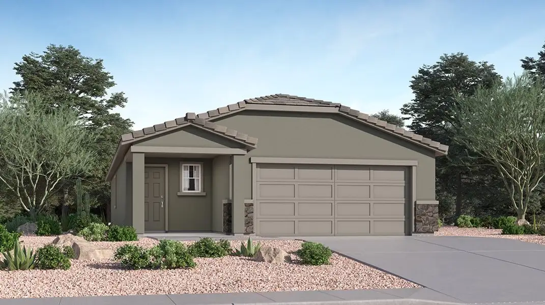 Front exterior of a new home in Monarch, Marana, AZ, highlighting curb appeal (Image 1). Front exterior of a new home in Monarch, Marana, AZ, highlighting curb appeal (Image 1).